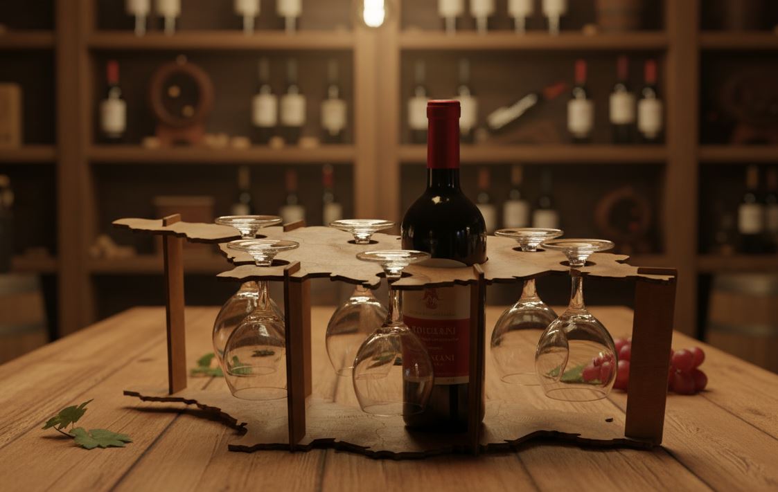 საქართველოს რუკის ფორმის დეკორაცია ჭიქების საკიდით