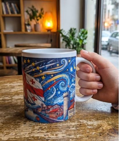 ჭიქა პრინტით საქართველო ევროკავშირის დროშის ფონზე 1 ჭიქა პრინტით საქართველო ევროკავშირის დროშის ფონზე