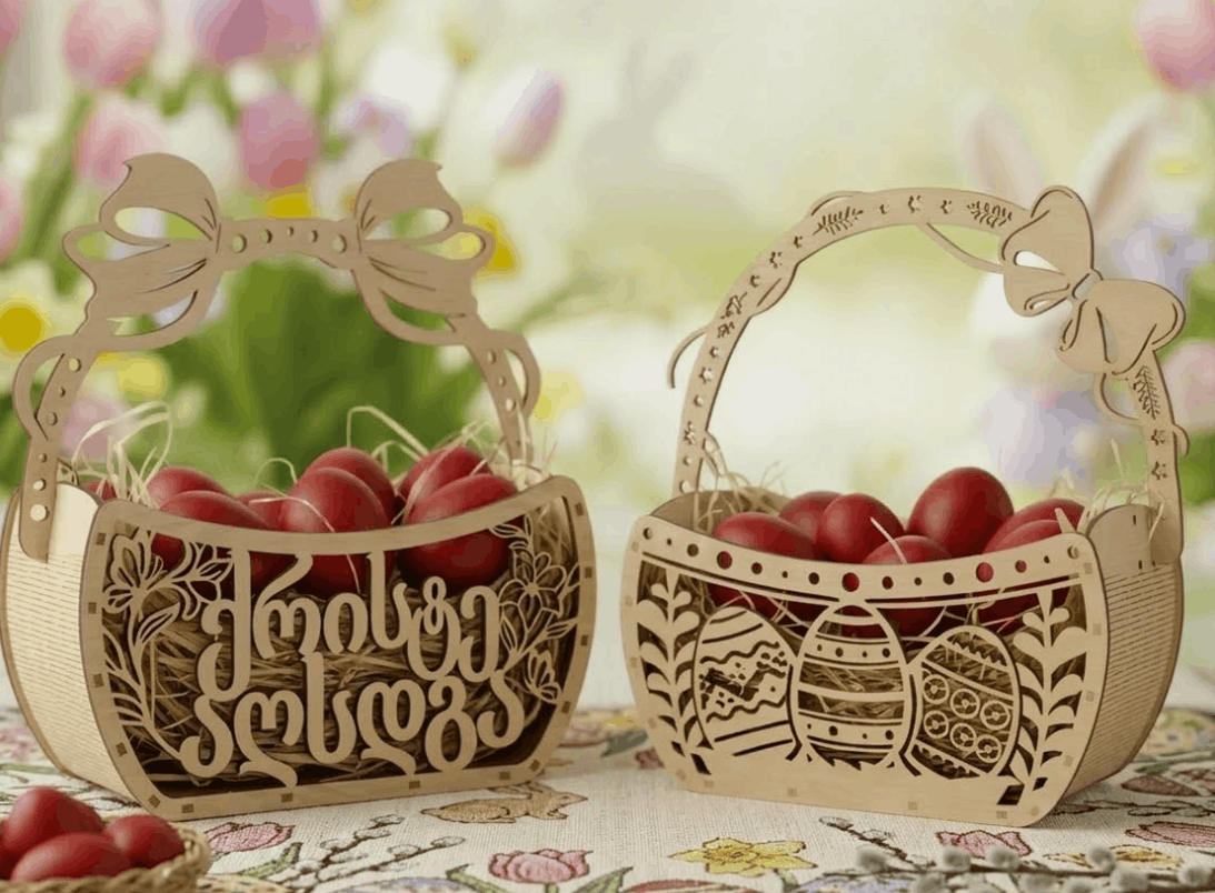 კალათა სააღდგომო კვერცხებისთვის დეკორატიული სახელურით 1 კალათა სააღდგომო კვერცხებისთვის დეკორატიული სახელურით