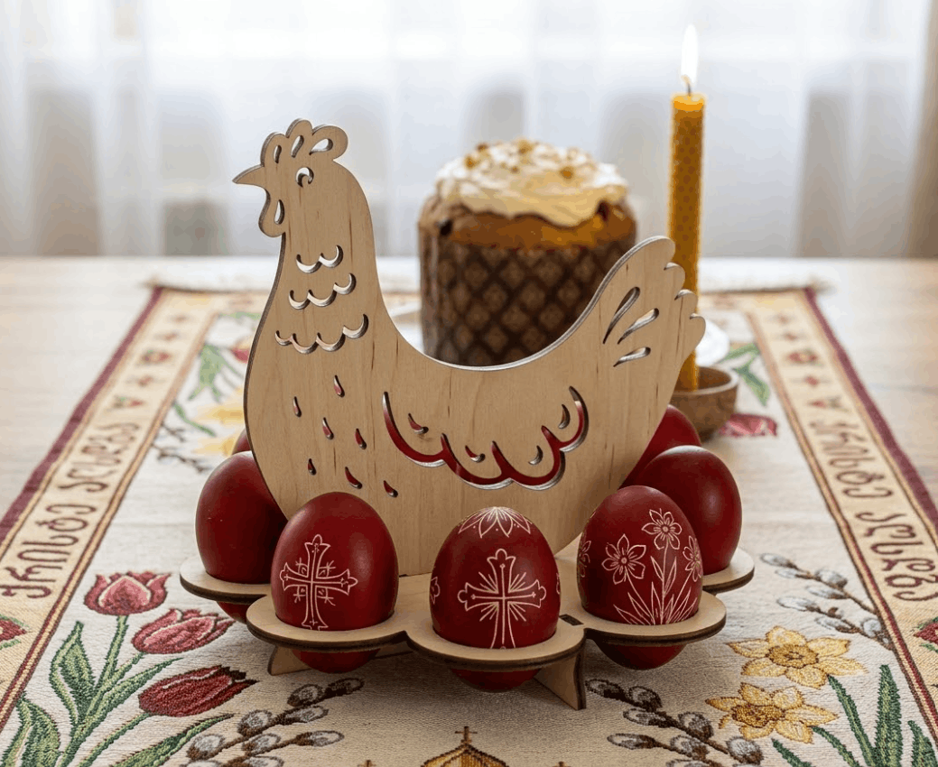 სააღდგომო კვერცხების სადგამი ქათმის დეკორაციით 1 სააღდგომო კვერცხების სადგამი ქათმის დეკორაციით