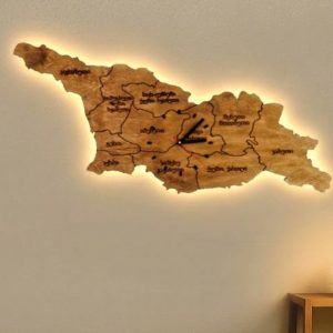 საქართველოს რუკის ხის საათი განათებით – ორდონიანი LED დეკორი